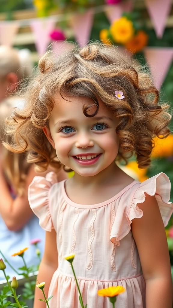 A young girl with curly hair and a flower accessory, smiling in a colorful garden setting