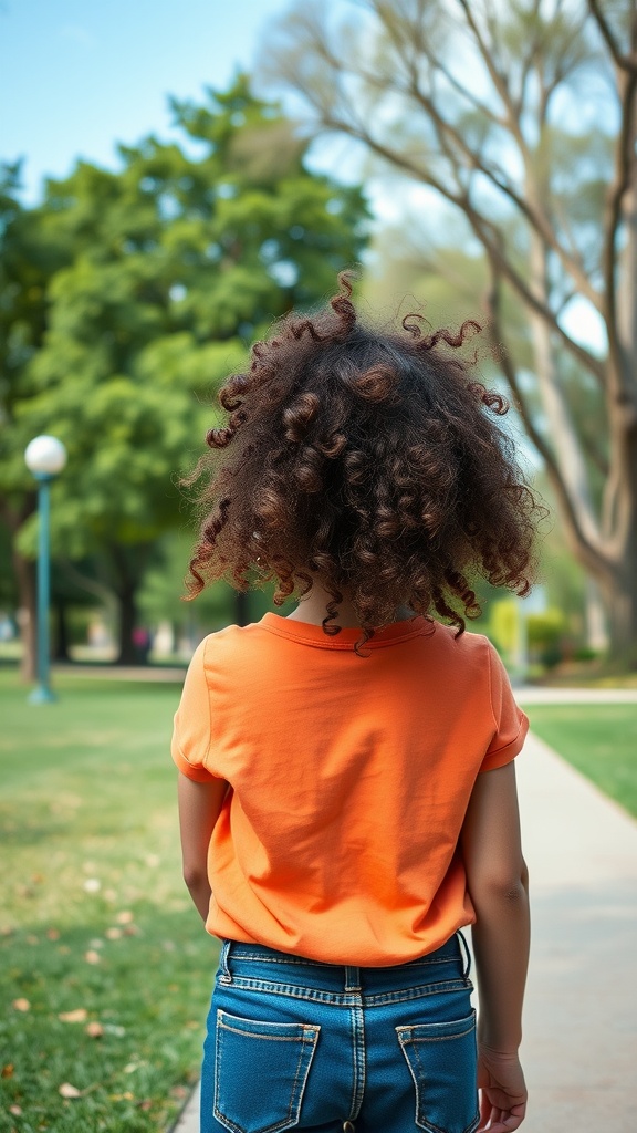 Child with curly hair walking in a park, wearing an orange shirt and denim shorts.