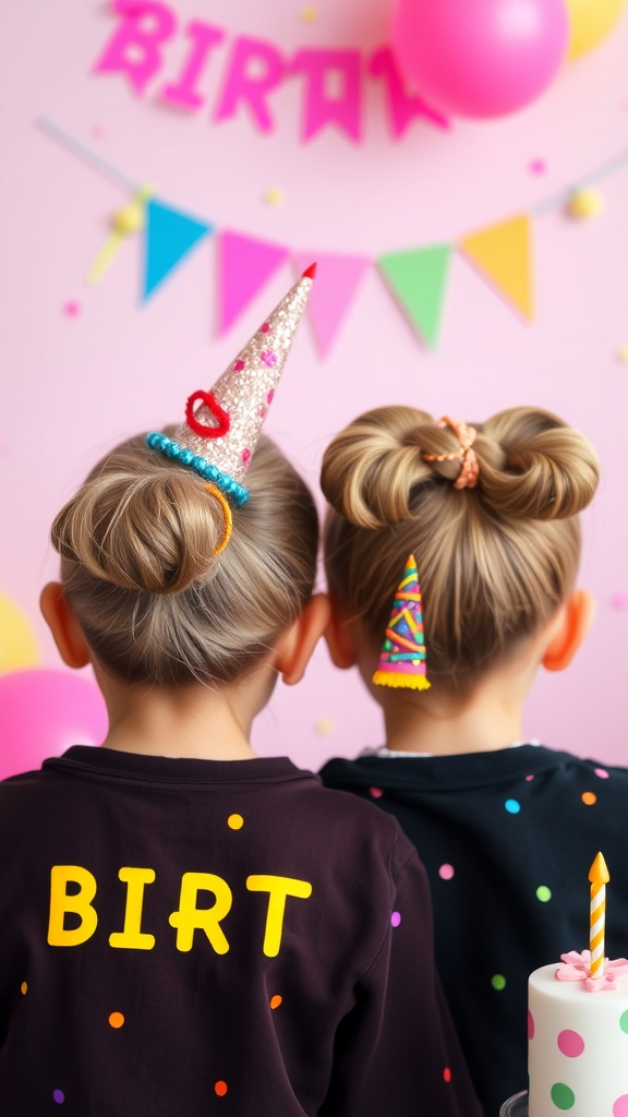 Two kids with space buns and party hats at a birthday celebration