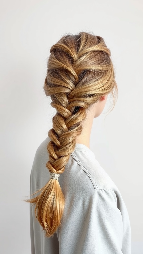 A wrapped braid ponytail hairstyle, featuring a neat braid transitioning into a sleek ponytail, secured with a hair tie.