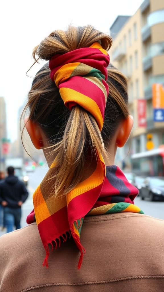 A woman with a wrapped ponytail styled with a colorful scarf, viewed from the back.