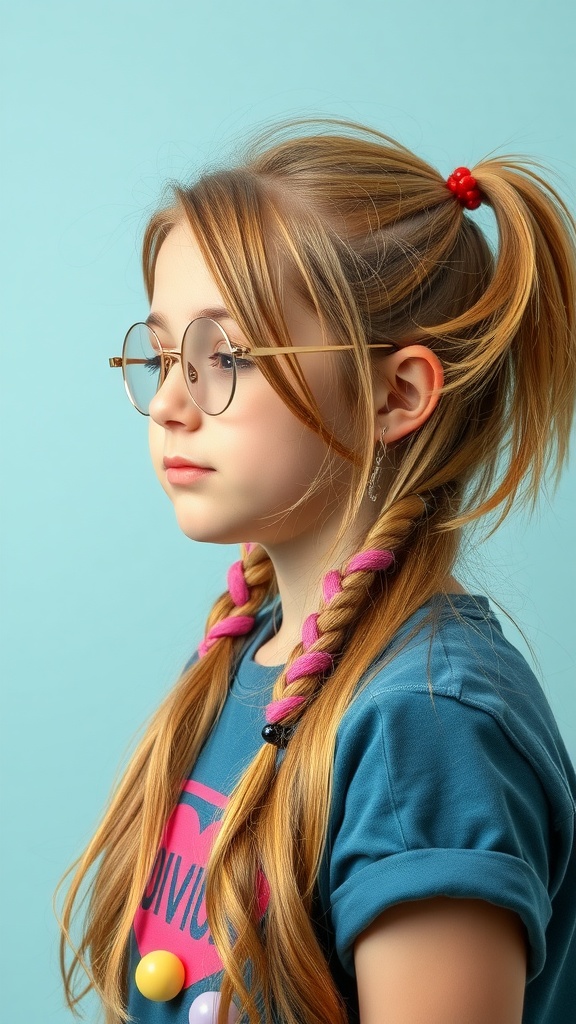 A young girl with a long mullet hairstyle, featuring playful braids and colorful accessories.
