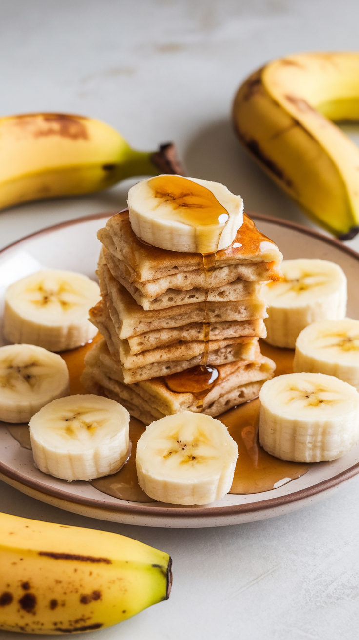 Stack of banana pancake bites with banana slices and syrup