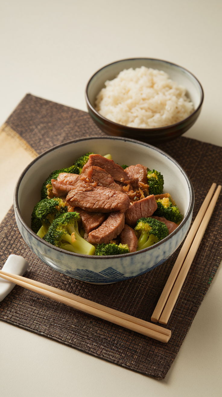 A bowl of beef and broccoli stir-fry with rice in the background.