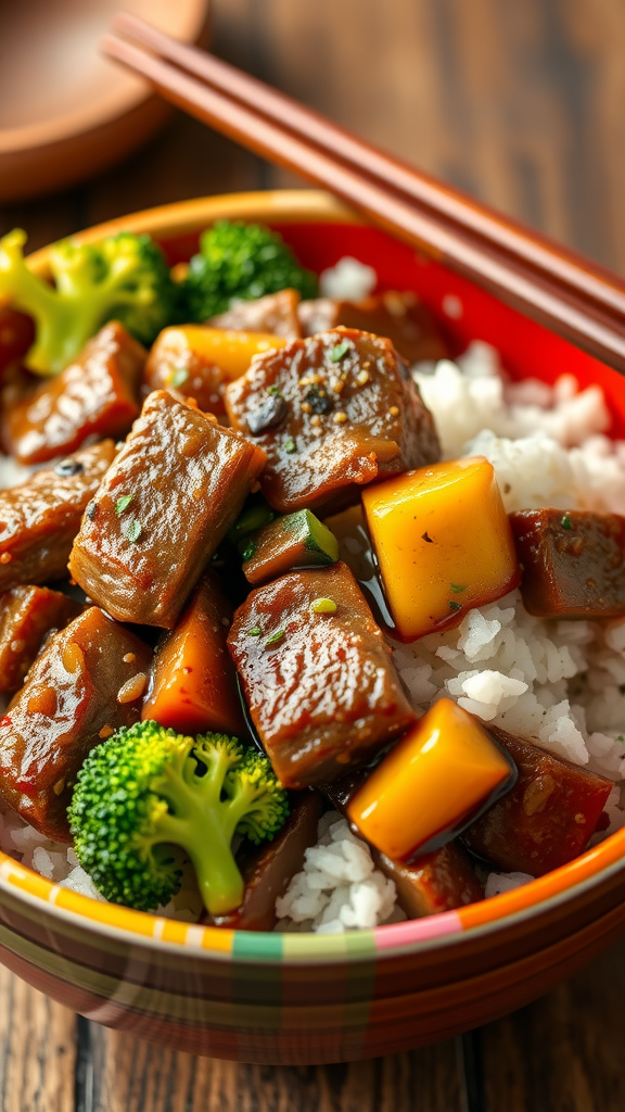 A colorful bowl of beef and broccoli stir-fry served on rice