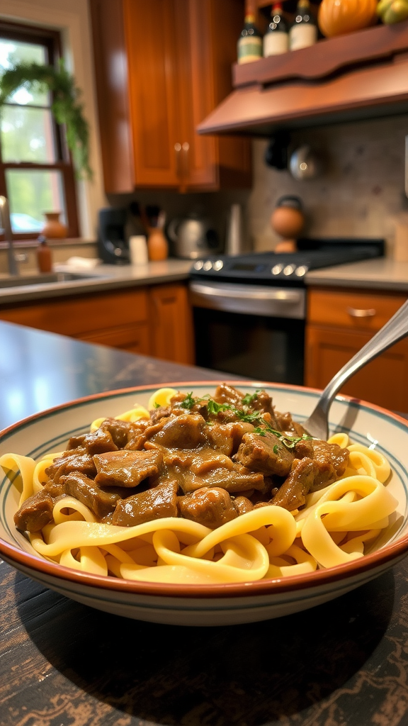 A plate of beef stroganoff served over egg noodles, garnished with parsley, in a warm kitchen setting.