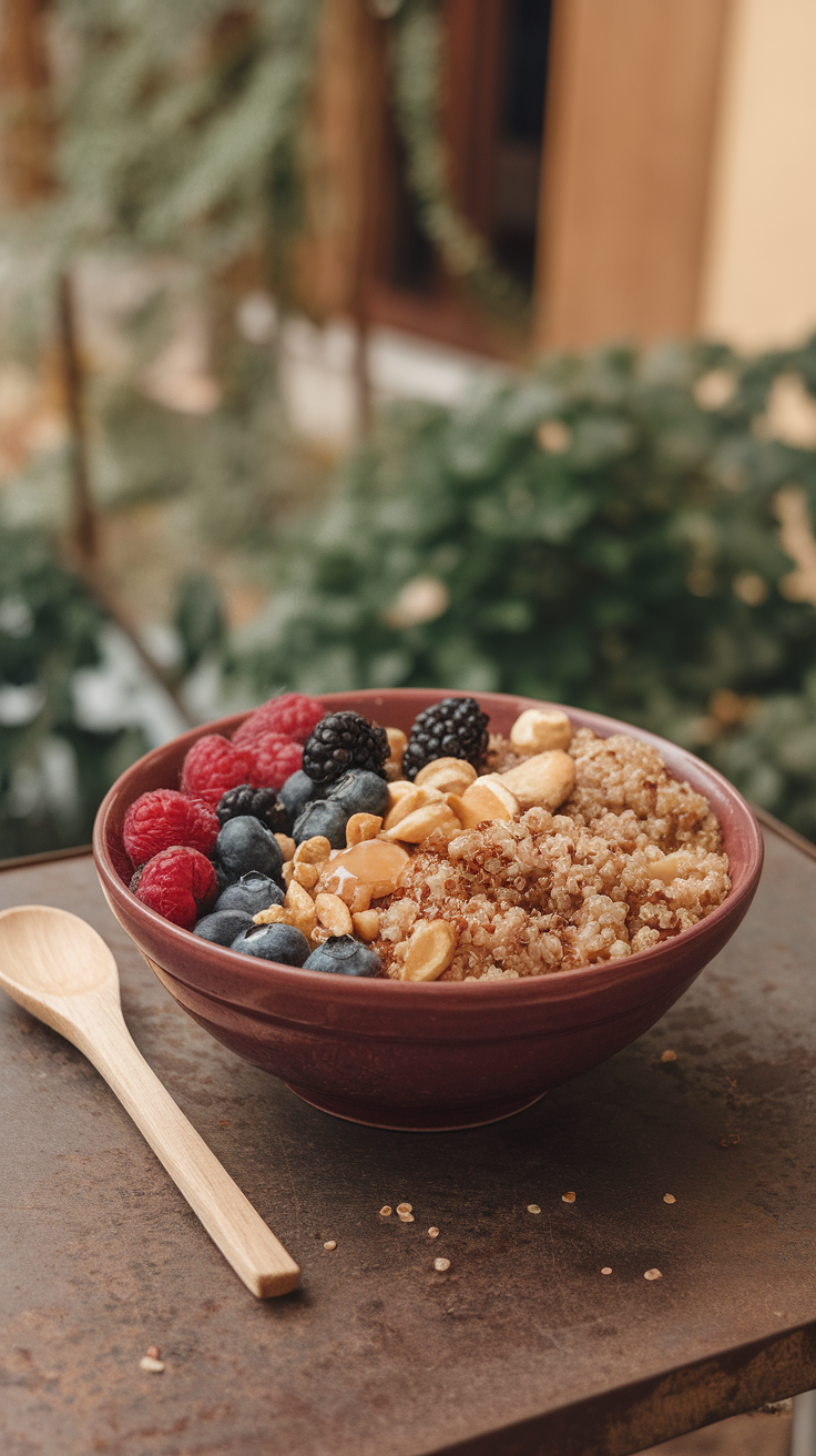 A bowl of quinoa topped with raspberries, blueberries, blackberries, and nuts, with a wooden spoon on the side.