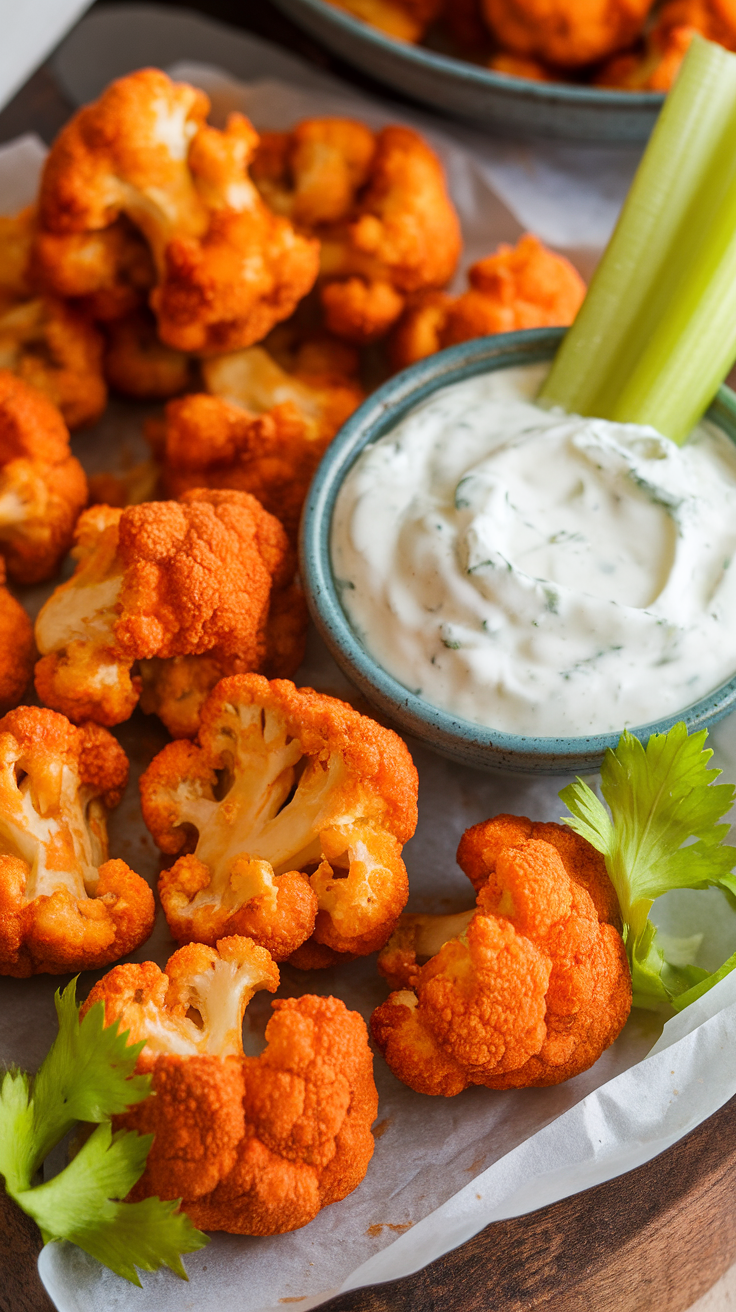 A platter of Buffalo cauliflower bites with a bowl of ranch dip and celery.