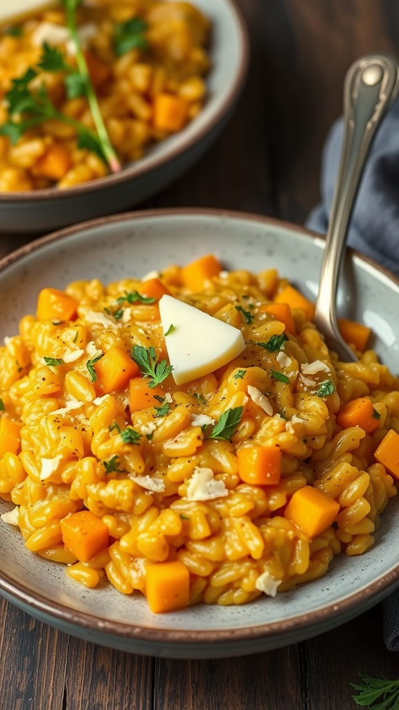 A bowl of butternut squash risotto garnished with cheese and herbs.