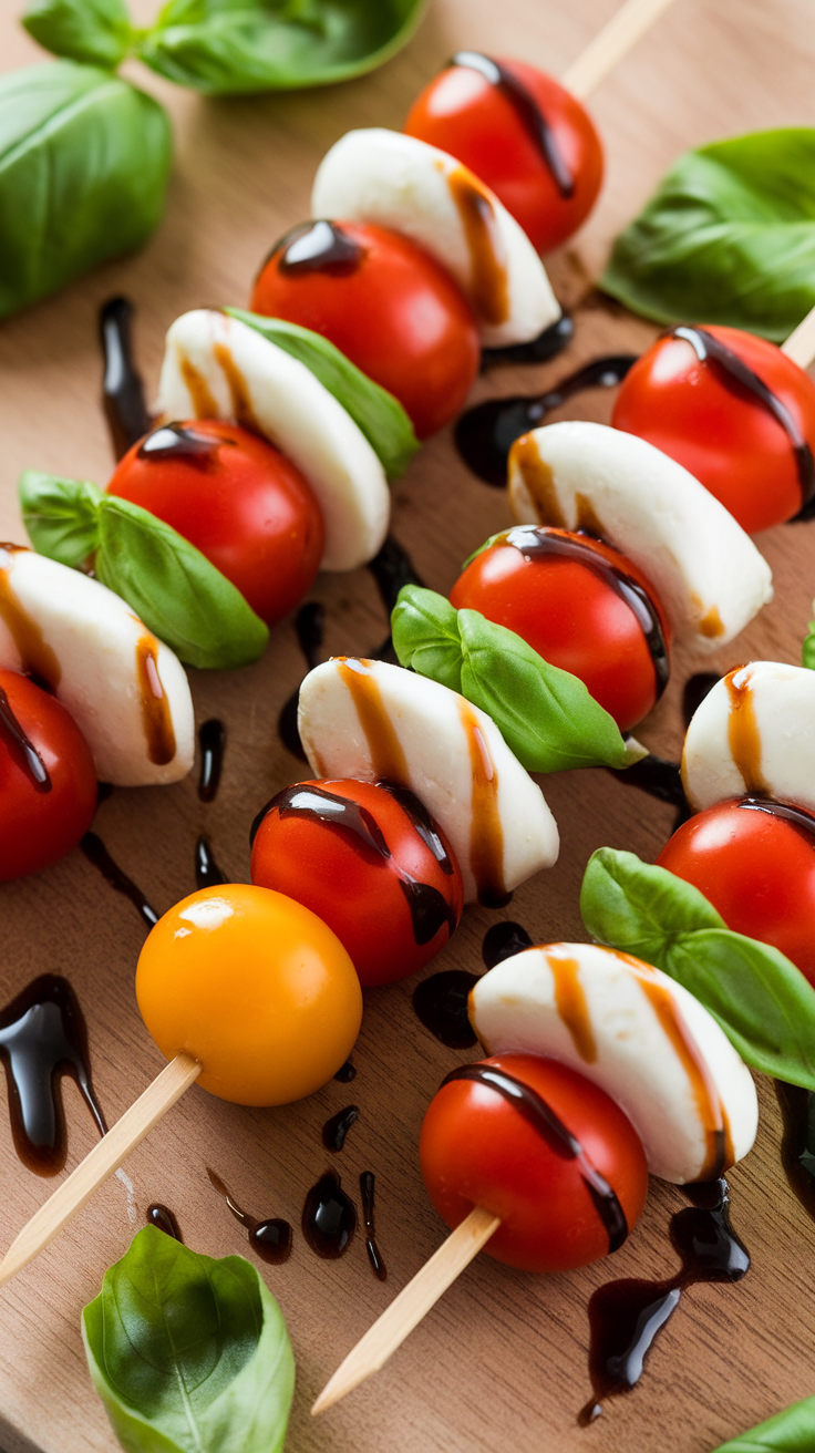 Colorful Caprese skewers featuring cherry tomatoes, mozzarella, basil, and balsamic glaze on a wooden surface.