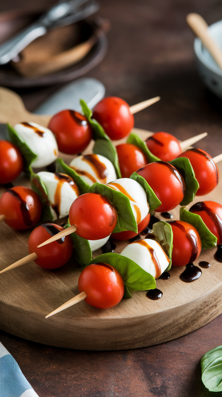 Caprese skewers with cherry tomatoes, mozzarella, and basil drizzled with balsamic glaze on a wooden platter.