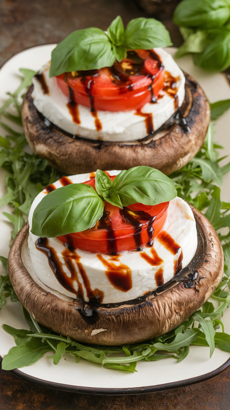 Two Caprese stuffed portobello mushrooms topped with tomatoes, mozzarella, basil, and balsamic glaze, served on a bed of arugula.