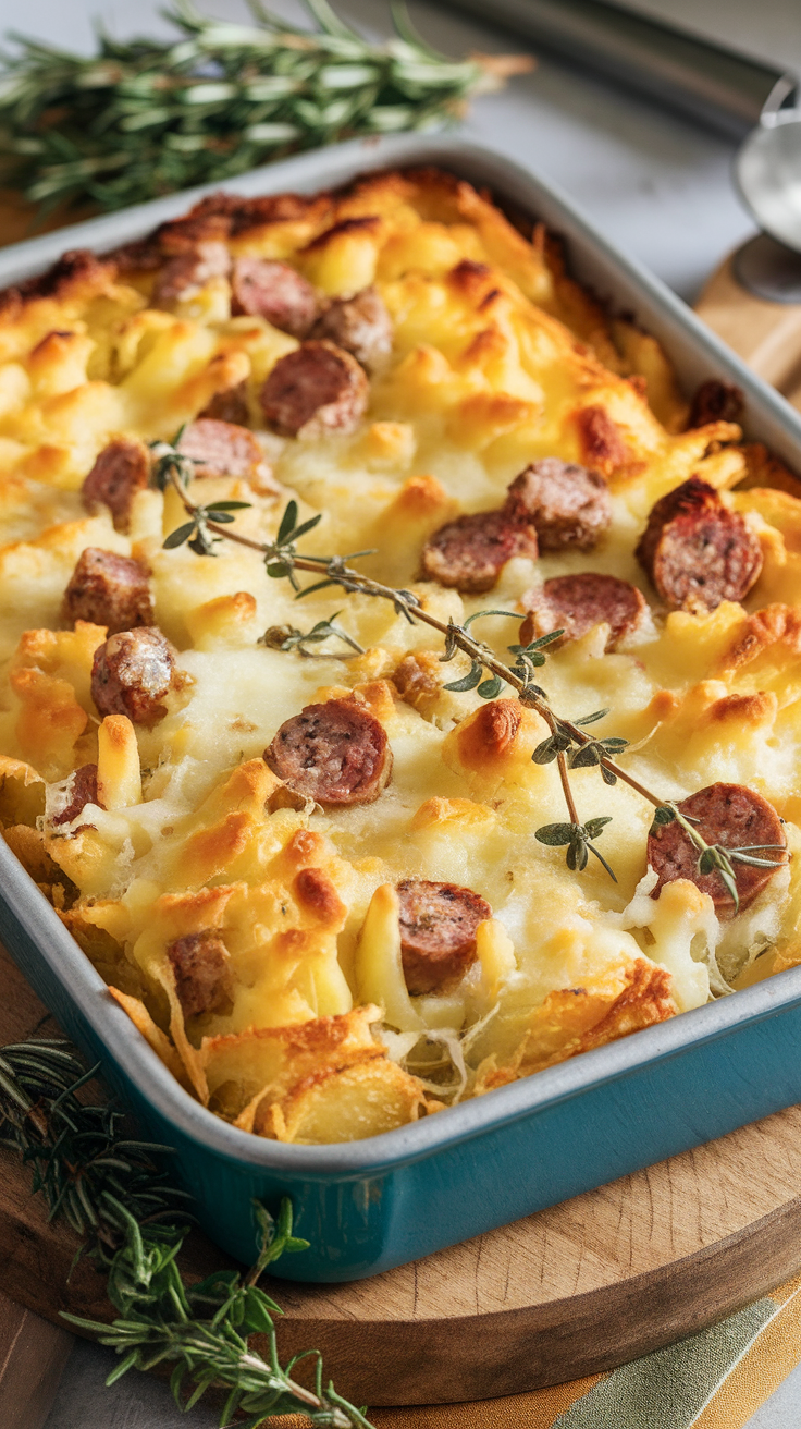 Cheesy potato and sausage casserole with a golden top and pieces of sausage.