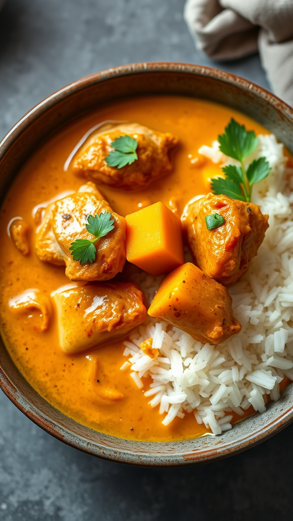 A bowl of chicken curry with coconut milk served over rice, garnished with fresh cilantro.