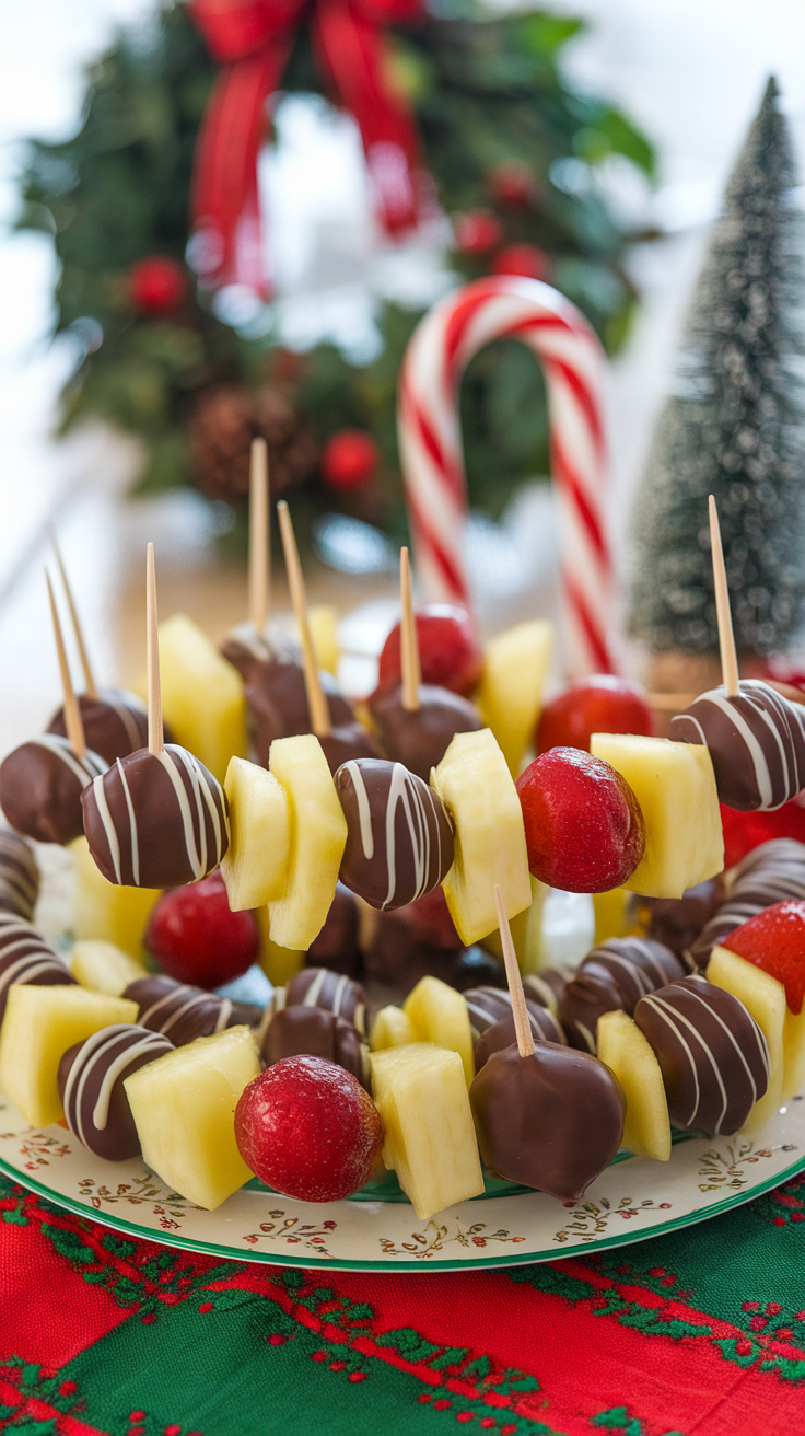 A plate of chocolate-dipped fruit skewers with strawberries, pineapple, and chocolate-covered treats, set against a festive background.