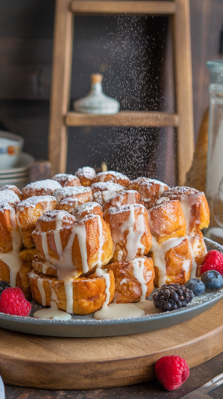 A plate of Cinnamon Roll Overnight French Toast topped with icing and fresh berries.