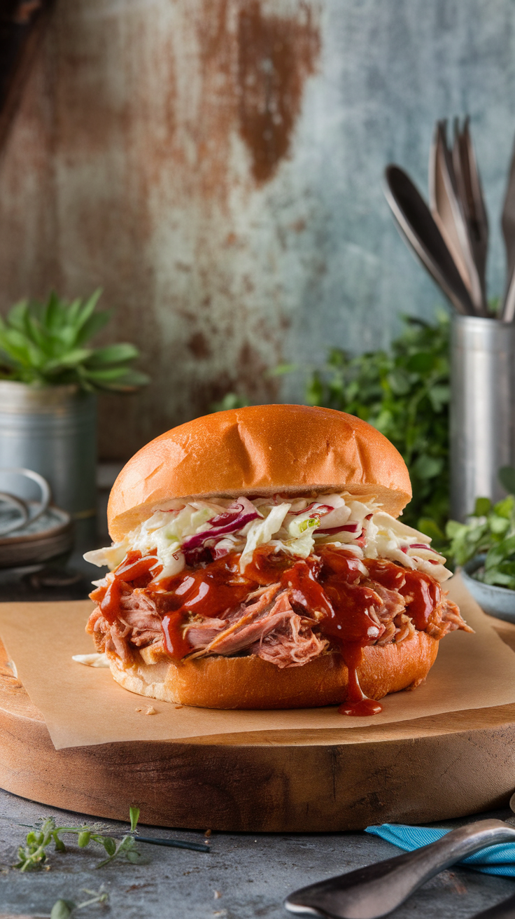 A delicious BBQ pulled pork sandwich with coleslaw and sauce on a wooden cutting board.