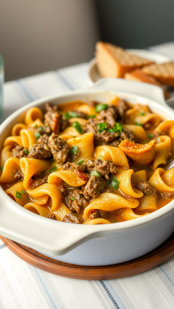 A delicious serving of beef and noodle casserole in a white dish, garnished with parsley.