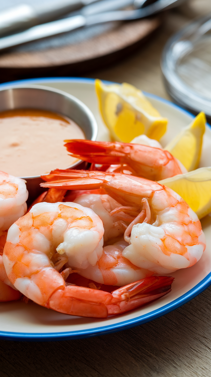 A glass of shrimp cocktail with lemon slices on a wooden platter