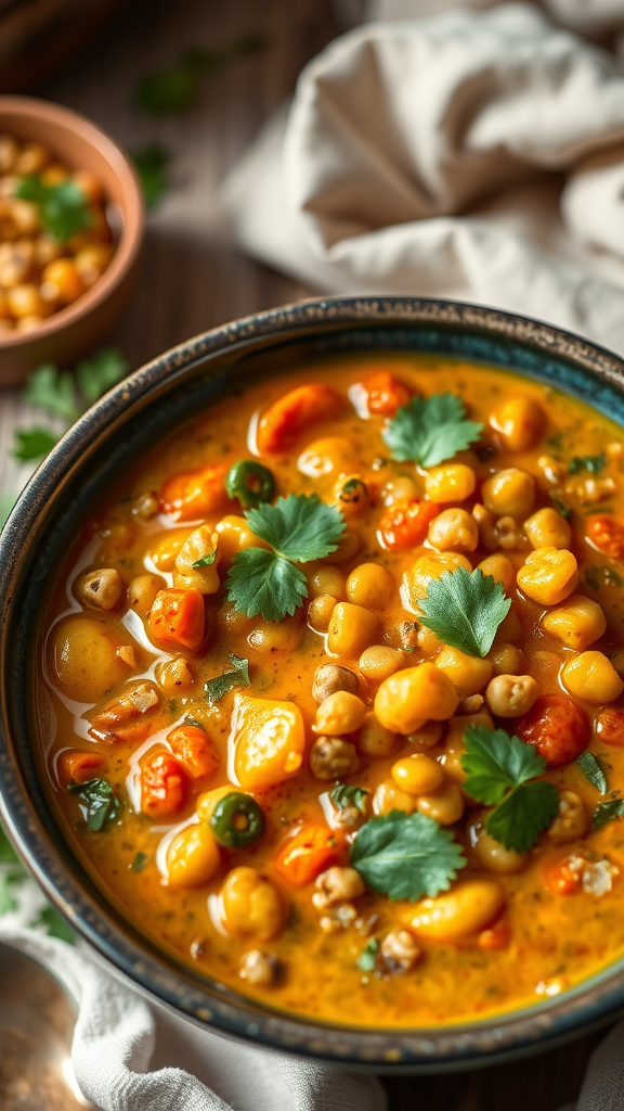 A vibrant bowl of coconut curry lentil stew with colorful vegetables and fresh herbs