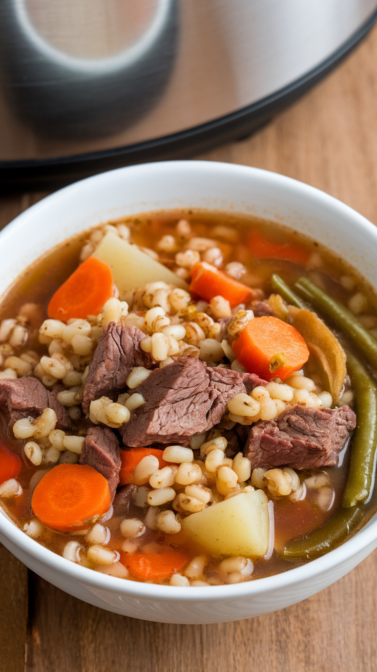 A bowl of beef and barley soup with carrots, potatoes, and green beans.