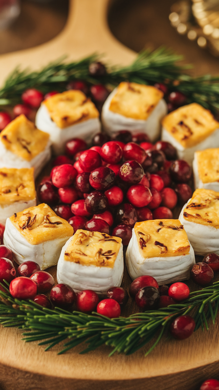 A platter of cranberry brie bites surrounded by fresh cranberries and greenery.