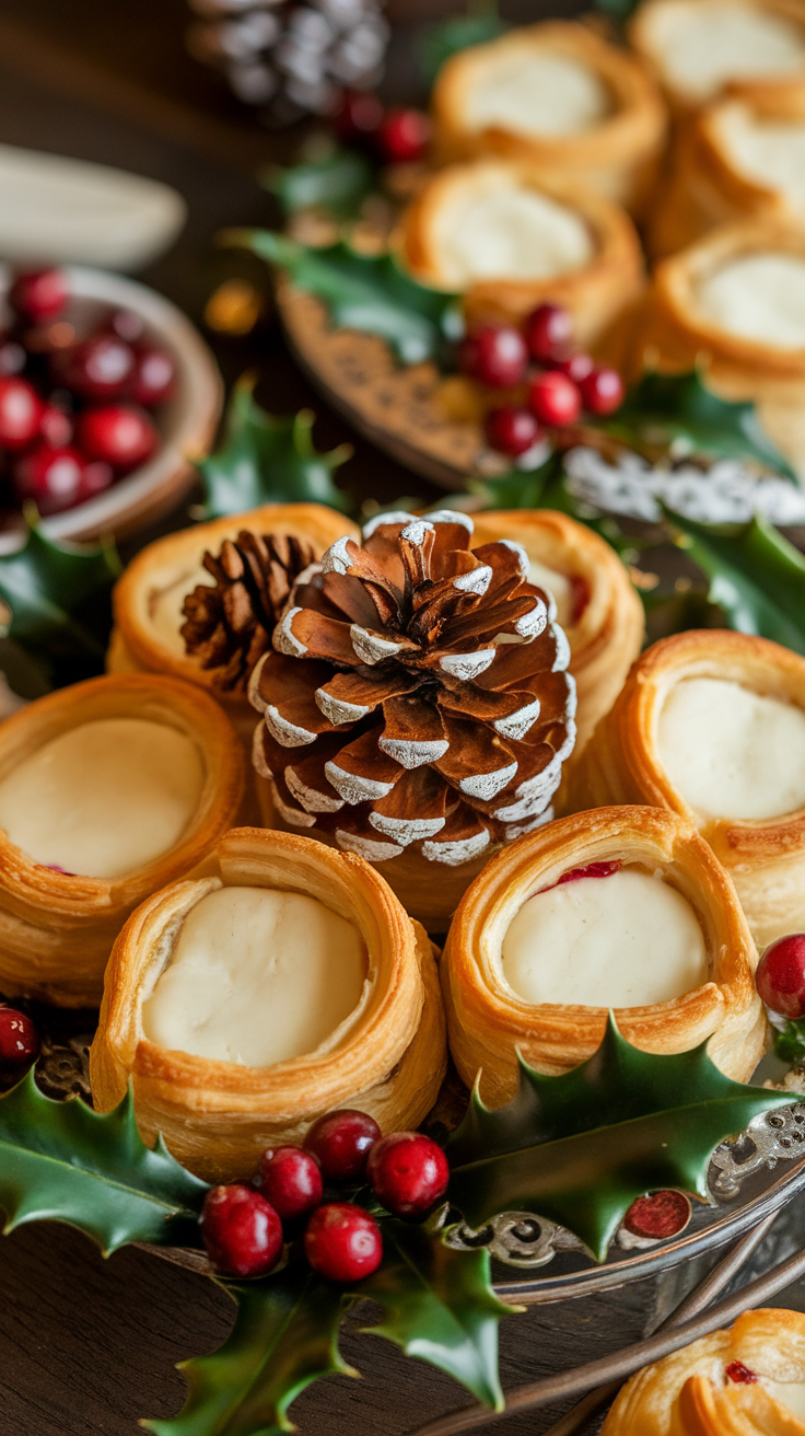 A festive plate of cranberry brie bites arranged in a wreath pattern, surrounded by holly leaves and fresh oranges.