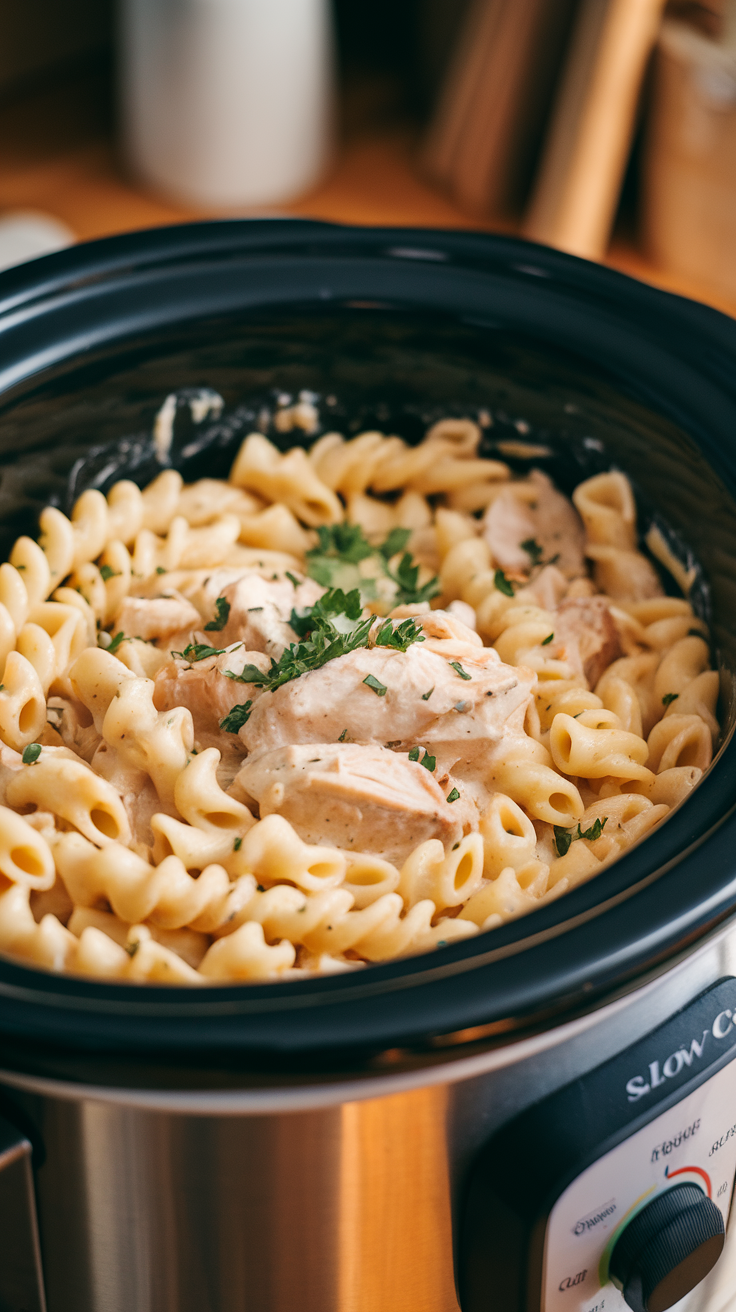 Creamy chicken Alfredo pasta in a slow cooker with parsley garnish