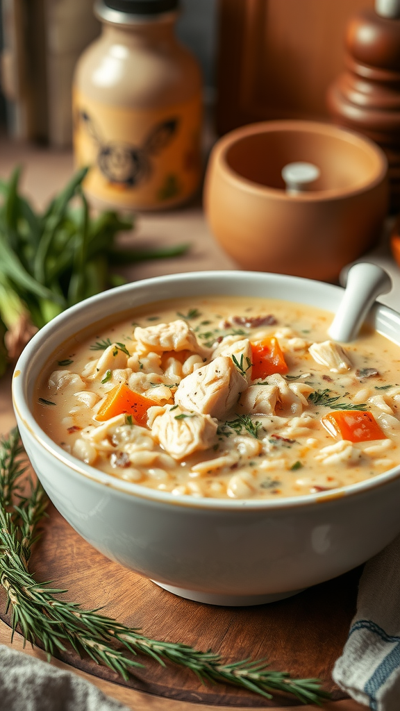 A bowl of creamy chicken and wild rice soup with vegetables, herbs, and a cozy setting.