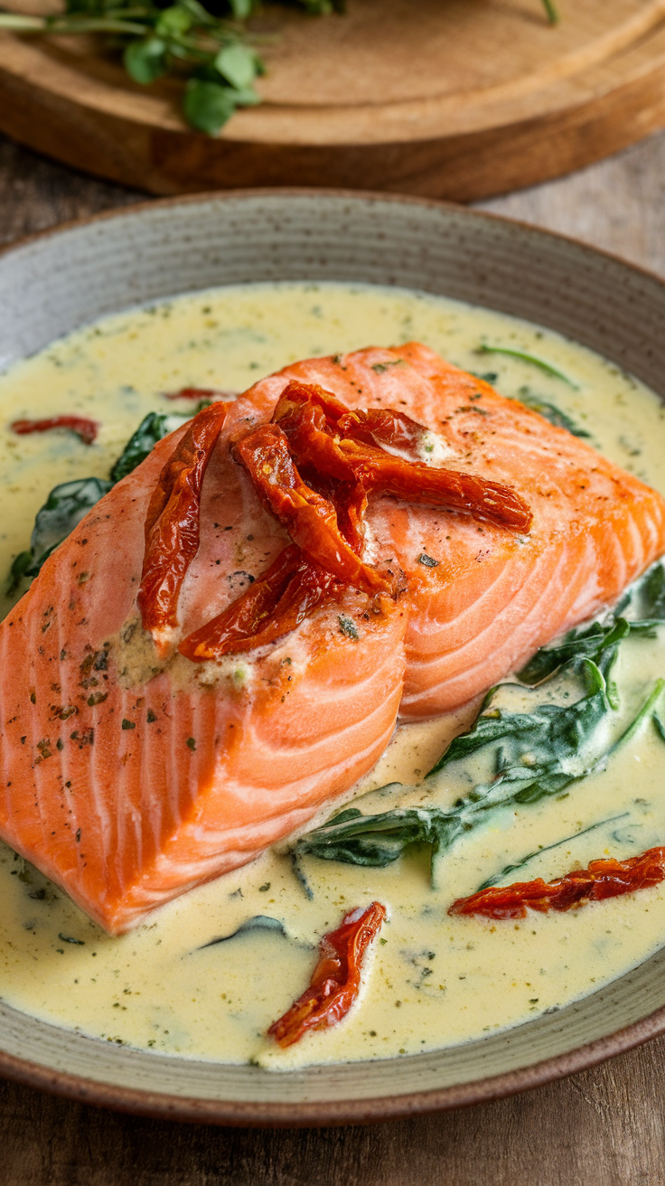 A plate of creamy garlic Tuscan salmon with sun-dried tomatoes and spinach.