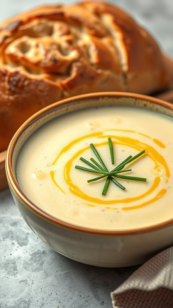 A bowl of creamy potato and leek soup garnished with chives, beside a loaf of bread.