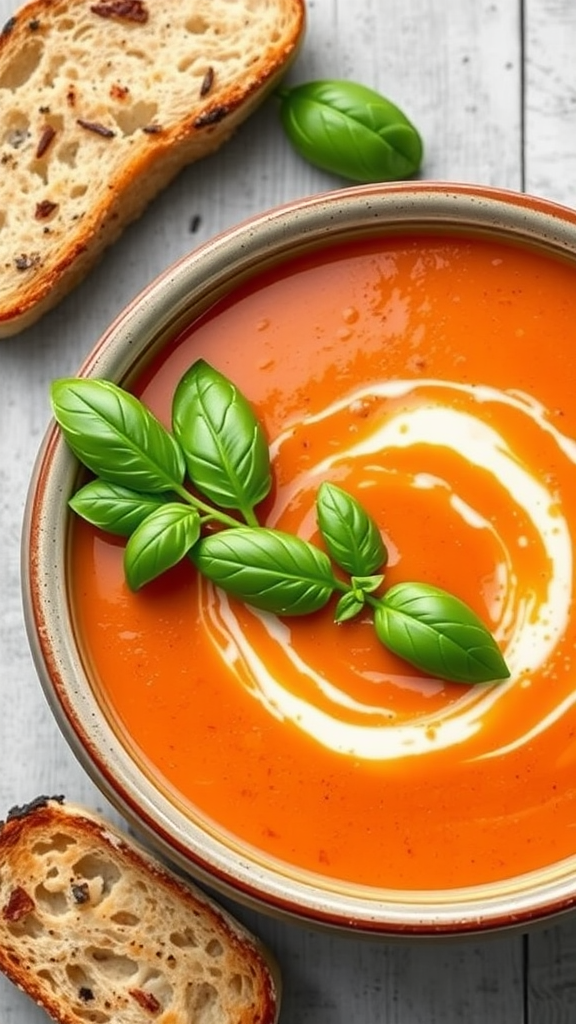 A bowl of creamy tomato basil soup with fresh basil leaves and a slice of bread on the side