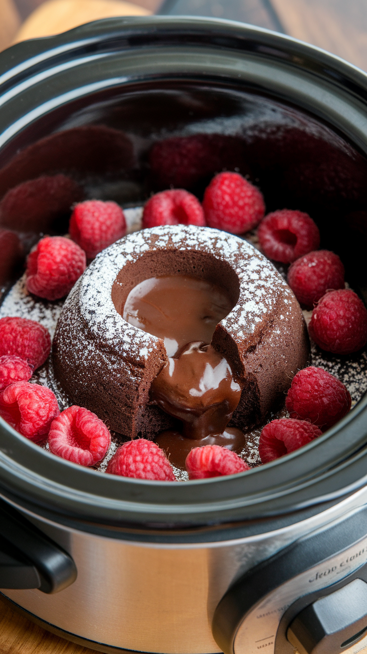 A chocolate lava cake surrounded by fresh raspberries