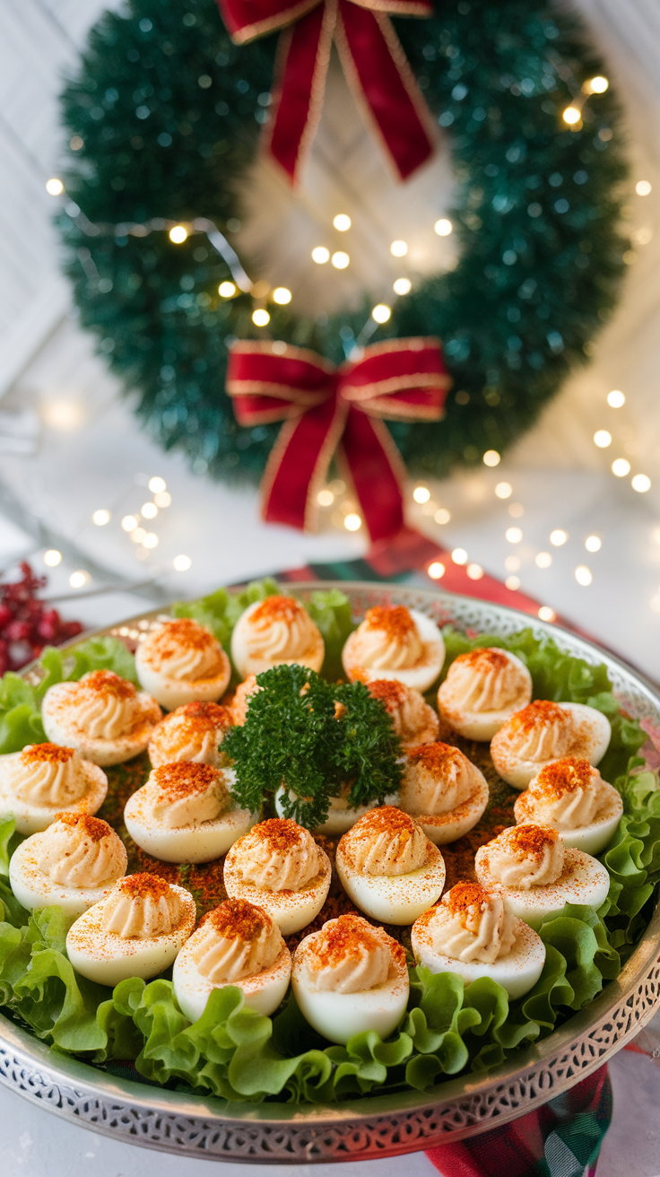 A platter of deviled eggs garnished with spices and parsley, set against a holiday backdrop.