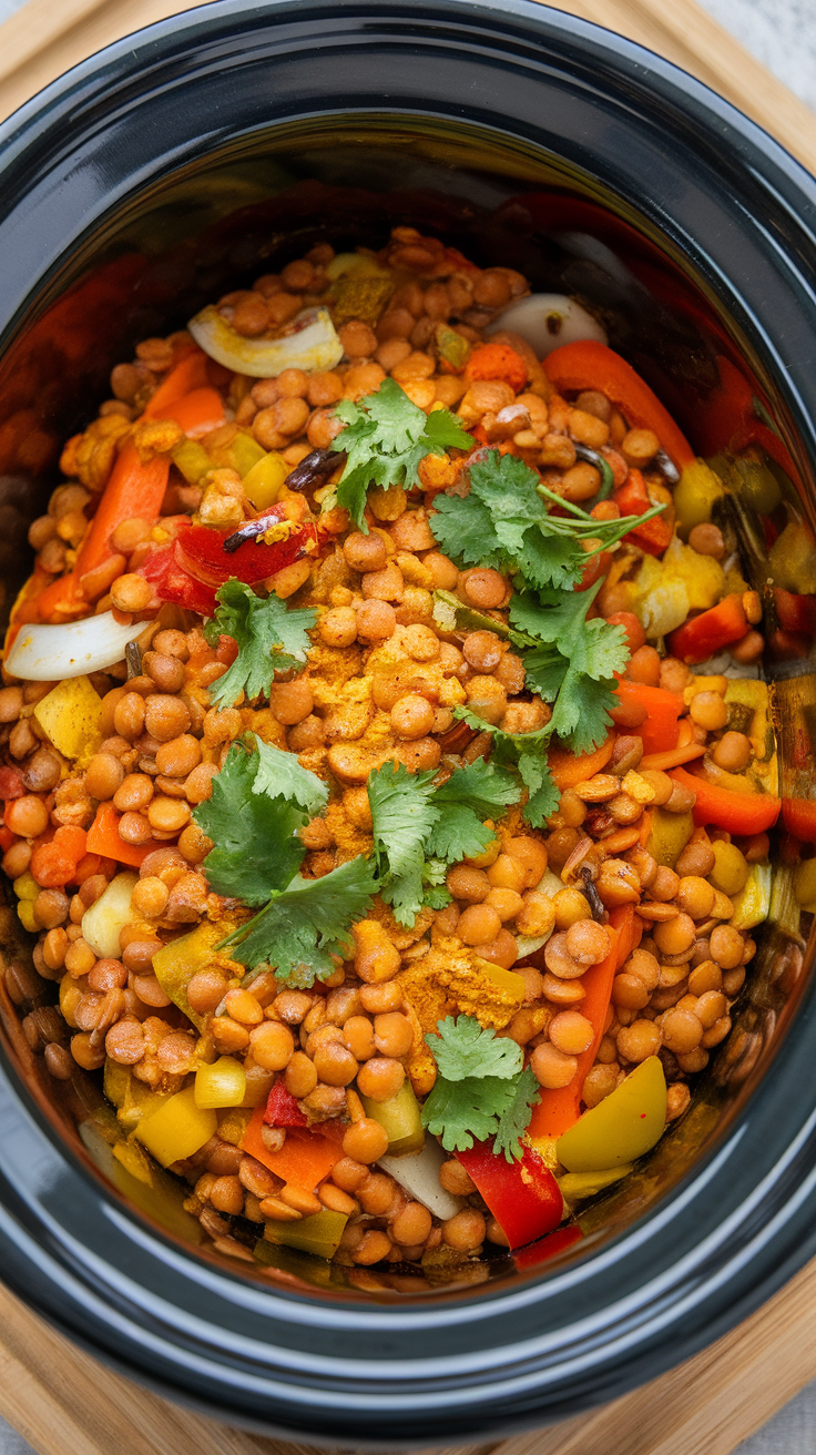 A bowl of fragrant coconut curry lentils with colorful vegetables and fresh cilantro