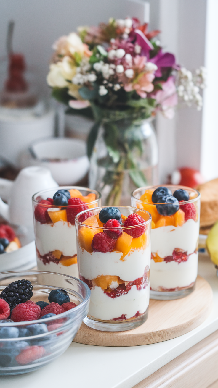 Three fruit and yogurt parfaits in clear glasses with layers of yogurt, raspberries, blueberries, and peaches, accompanied by a bowl of mixed berries.