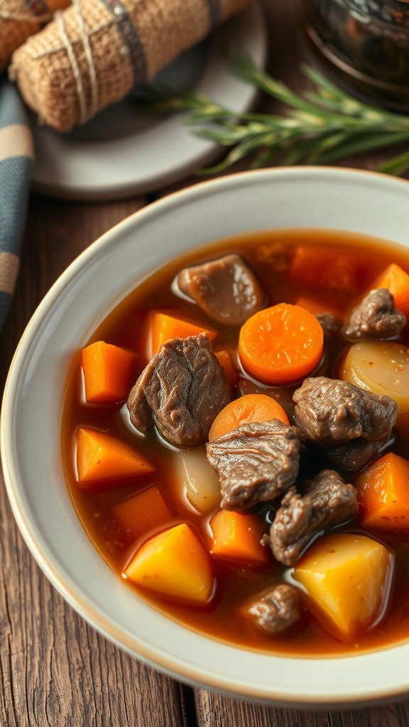 A bowl of hearty beef stew with root vegetables, surrounded by a rustic setting.