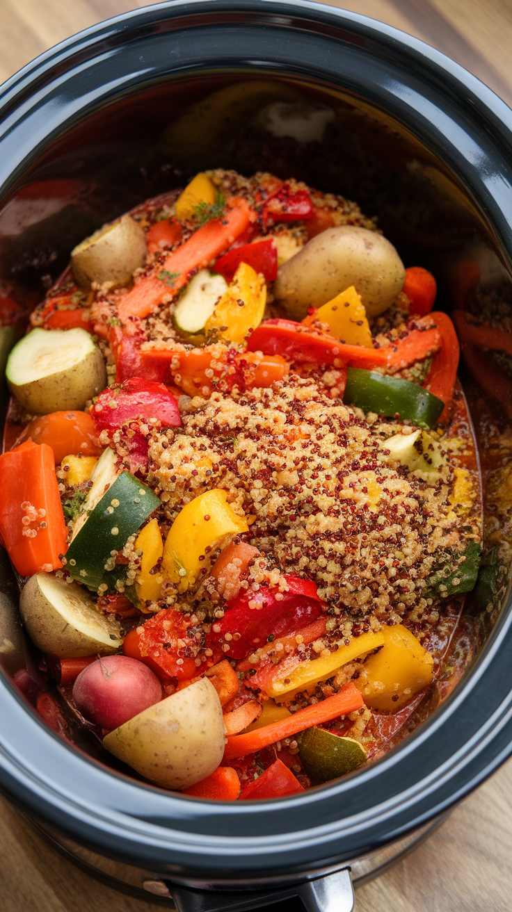 A close-up view of a slow cooker filled with colorful vegetables and quinoa.