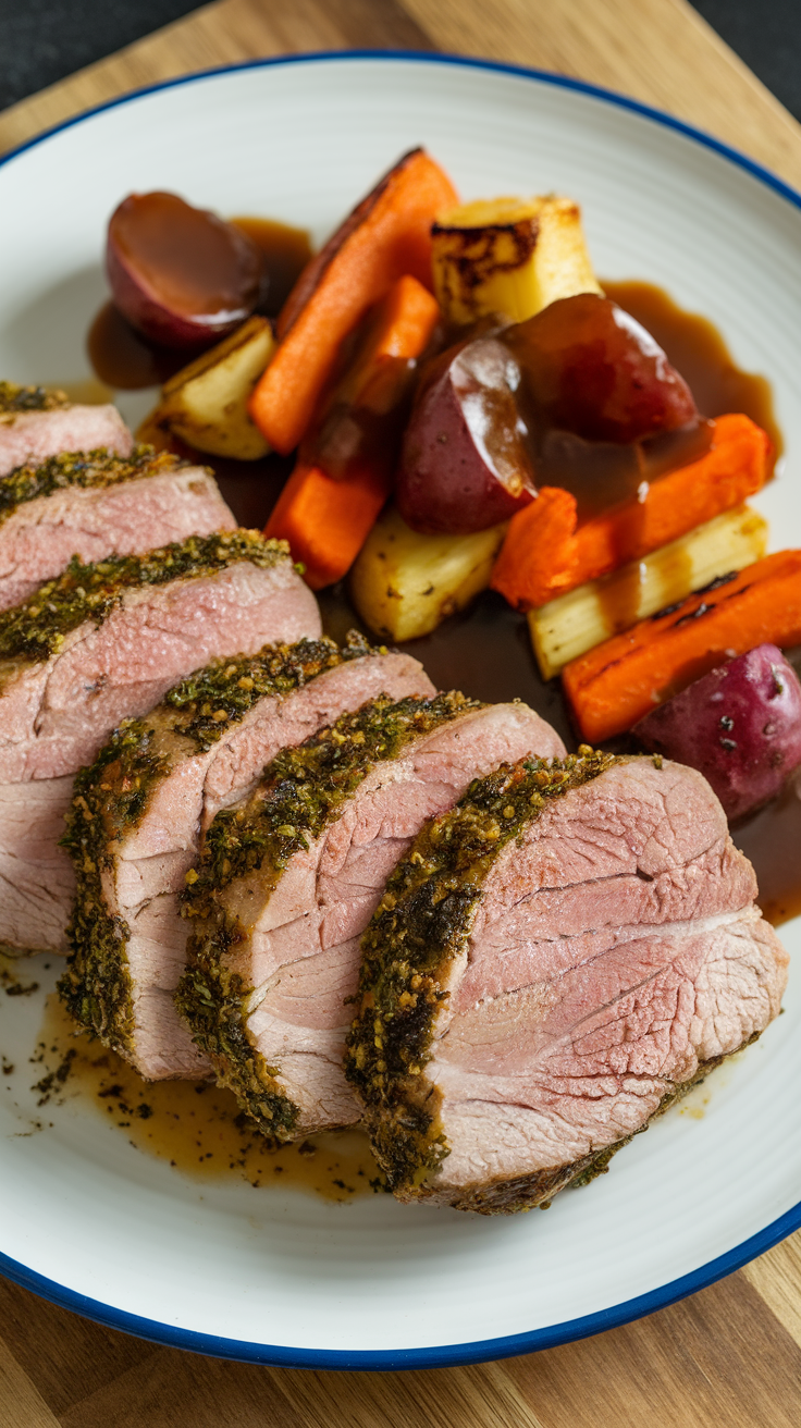 Sliced herb-crusted pork tenderloin served with roasted carrots and potatoes.