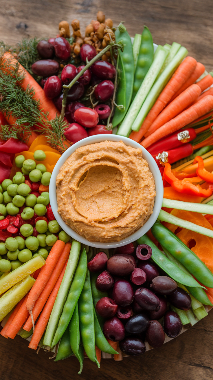 Colorful holiday veggie platter with assorted vegetables and hummus in the center.