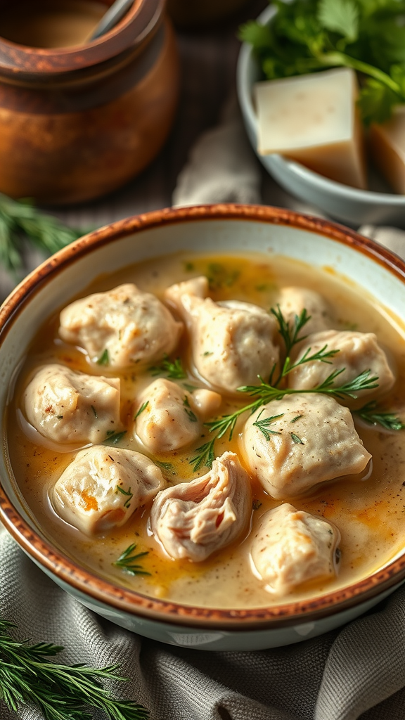 A bowl of chicken and dumplings with herbs on a wooden table, surrounded by ingredients.