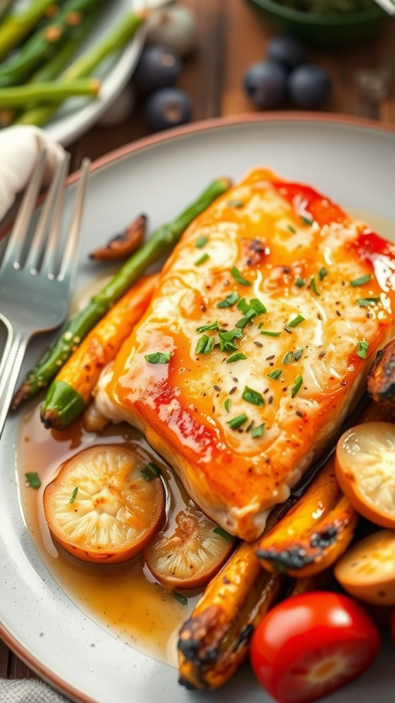 A plate of honey garlic salmon with roasted vegetables, including carrots, tomatoes, and asparagus.