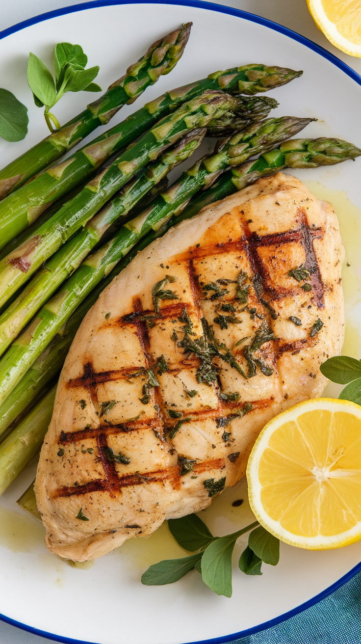 Grilled chicken breast with asparagus and lemon on a plate