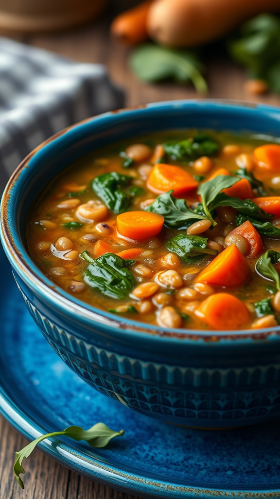 A bowl of lentil soup with spinach and carrots, garnished with fresh greens.