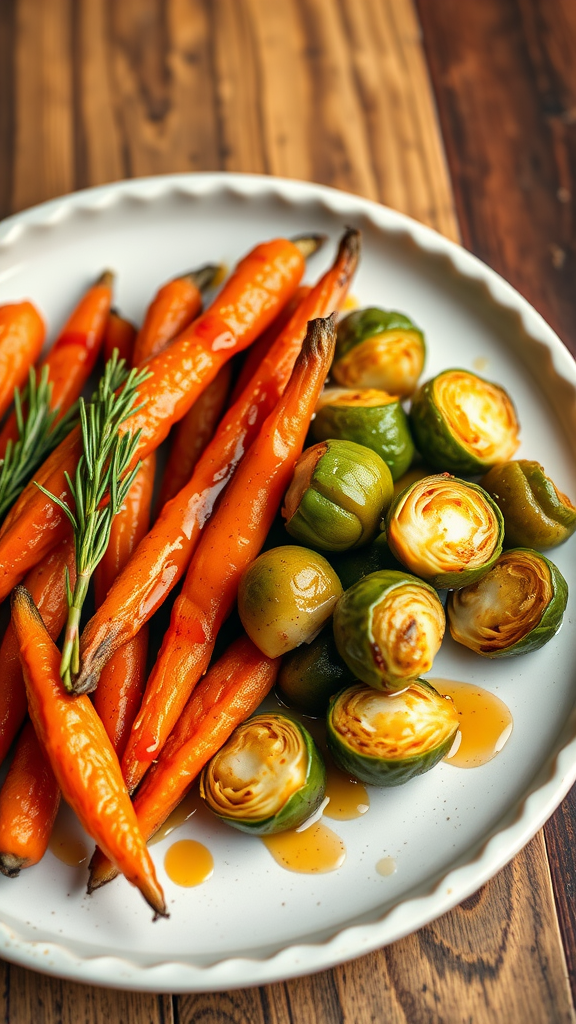 A plate of maple glazed carrots and Brussels sprouts, beautifully arranged with a drizzle of sauce.