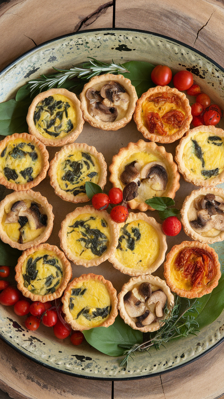 A platter of mini quiches with assorted fillings including mushrooms, spinach, and sun-dried tomatoes, garnished with cherry tomatoes and herbs.