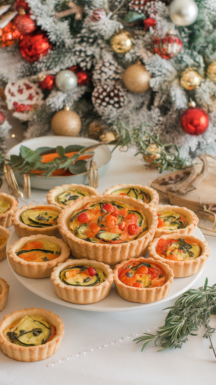 A platter of mini quiches with seasonal vegetables, decorated for the holidays.