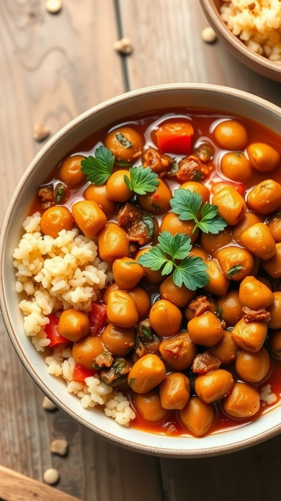 A bowl of Moroccan chickpea stew with chickpeas, vegetables, and rice.