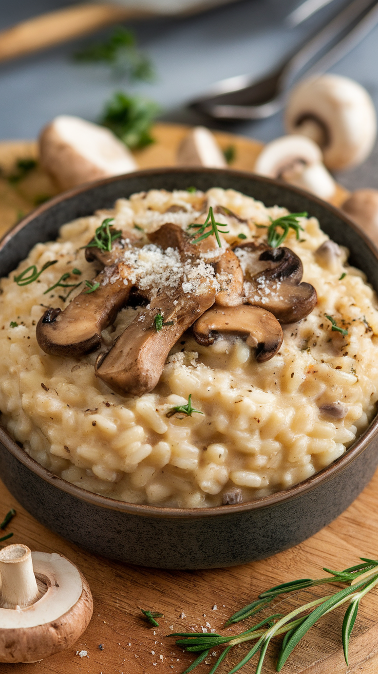 A bowl of creamy mushroom risotto topped with mushrooms and Parmesan cheese