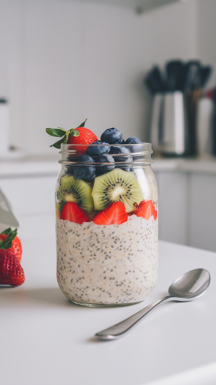 A jar of overnight oats layered with chia seeds, strawberries, kiwi, and blueberries.